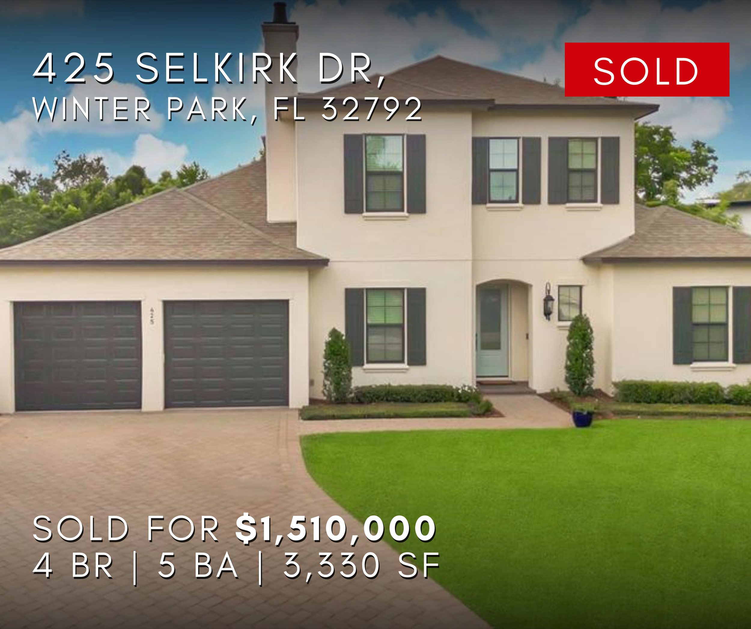 425 Selkirk Dr, Winter Park, FL 32792, with a red "Sold" label, and details of the sale for $1,510,000, featuring 4 bedrooms, 5 bathrooms, and 3,330 square feet.