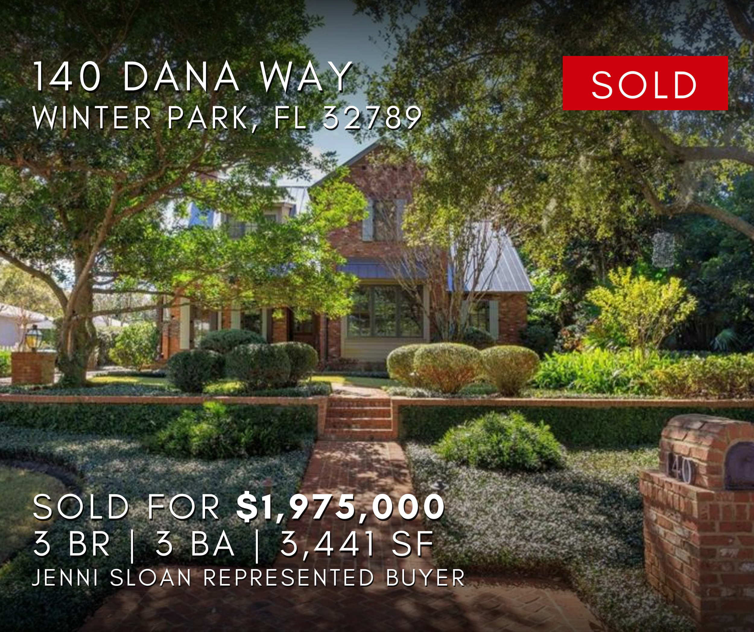 140 Dana Way, Winter Park, Florida 32789 with greenery and brick walkway, indicating the house has been sold. address, sale status, price, property details, and buyer information.