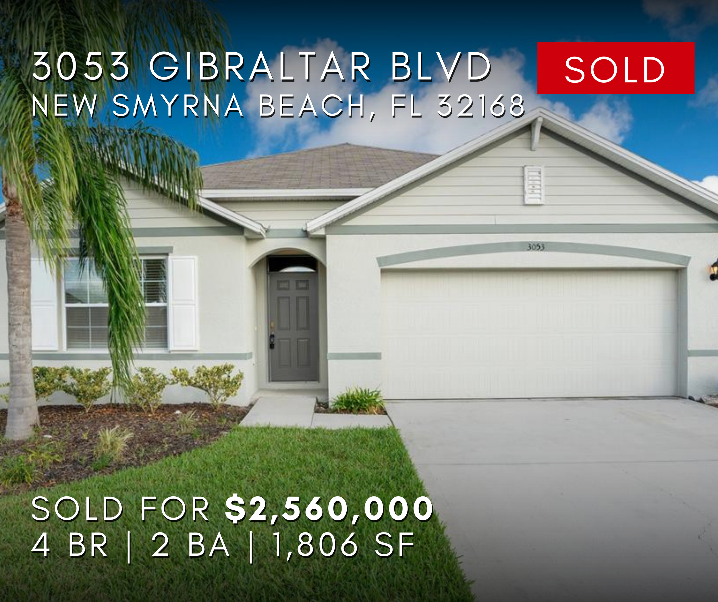 3053 Gibraltar Blvd, New Smyrna Beach, Florida 32168 Front view of a modern single-story house with stone and siding exterior, a gray garage door, small front yard, and a palm tree on the left side.