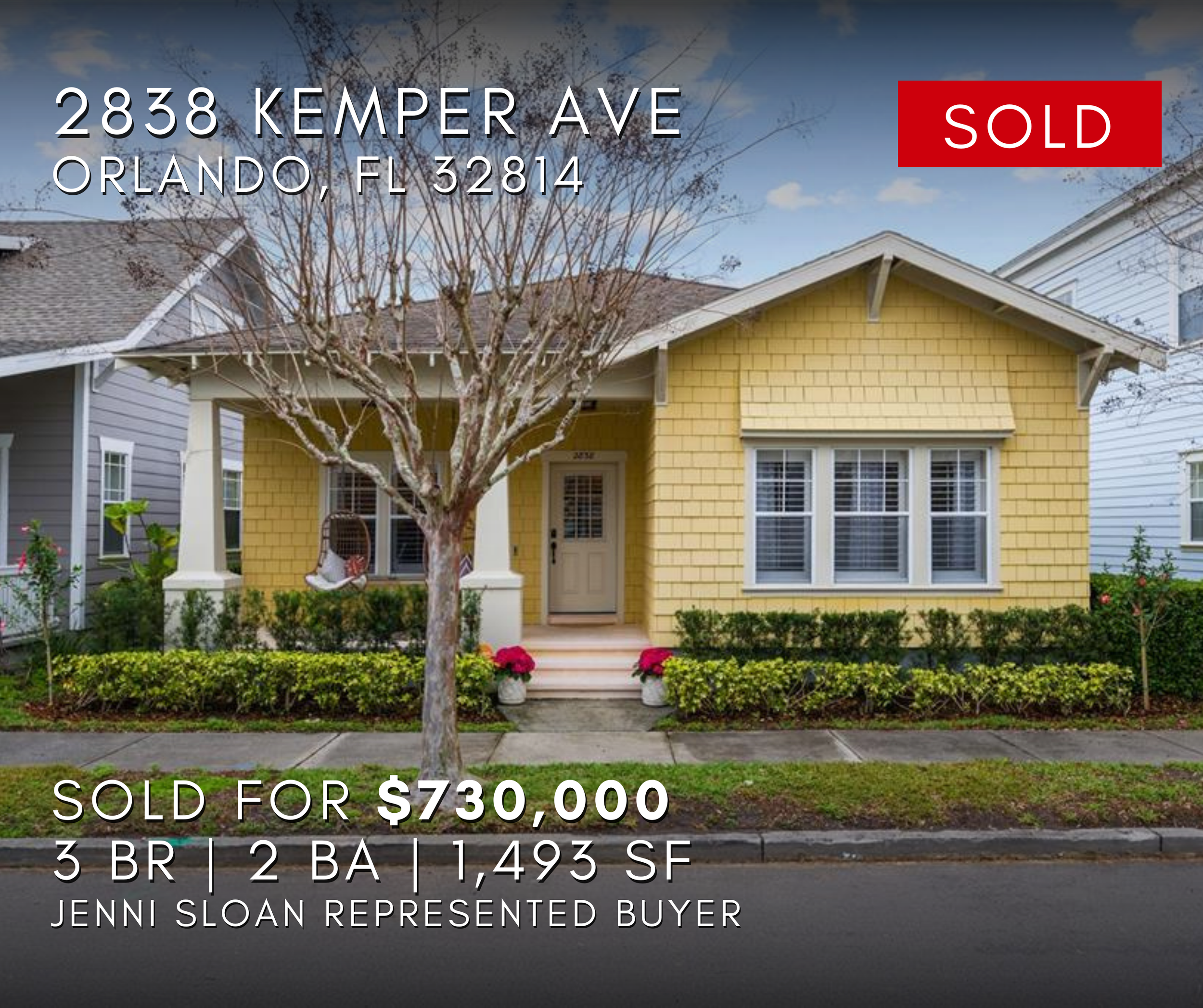 2838 Kemper Ave, Orlando, FL 32814, listing details indicating the property was sold for $730,000, with 3 bedrooms, 2 bathrooms, and 1,493 square feet, represented by Jenni Sloan.