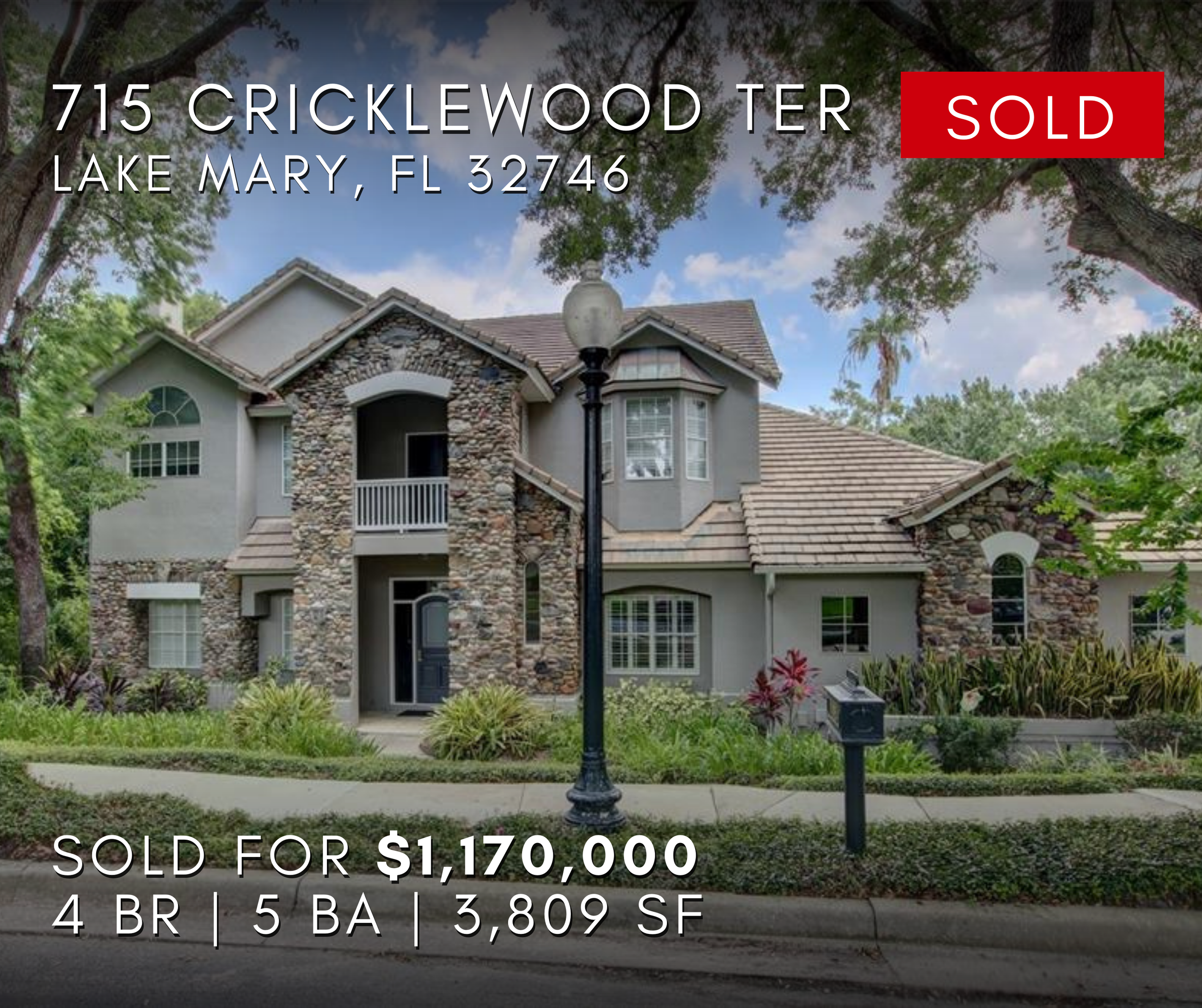 715 Cricklewood Ter Lake Mary, Florida 32736, The image includes text indicating the property address, sale status, price, and details like bedrooms, bathrooms, and square footage.