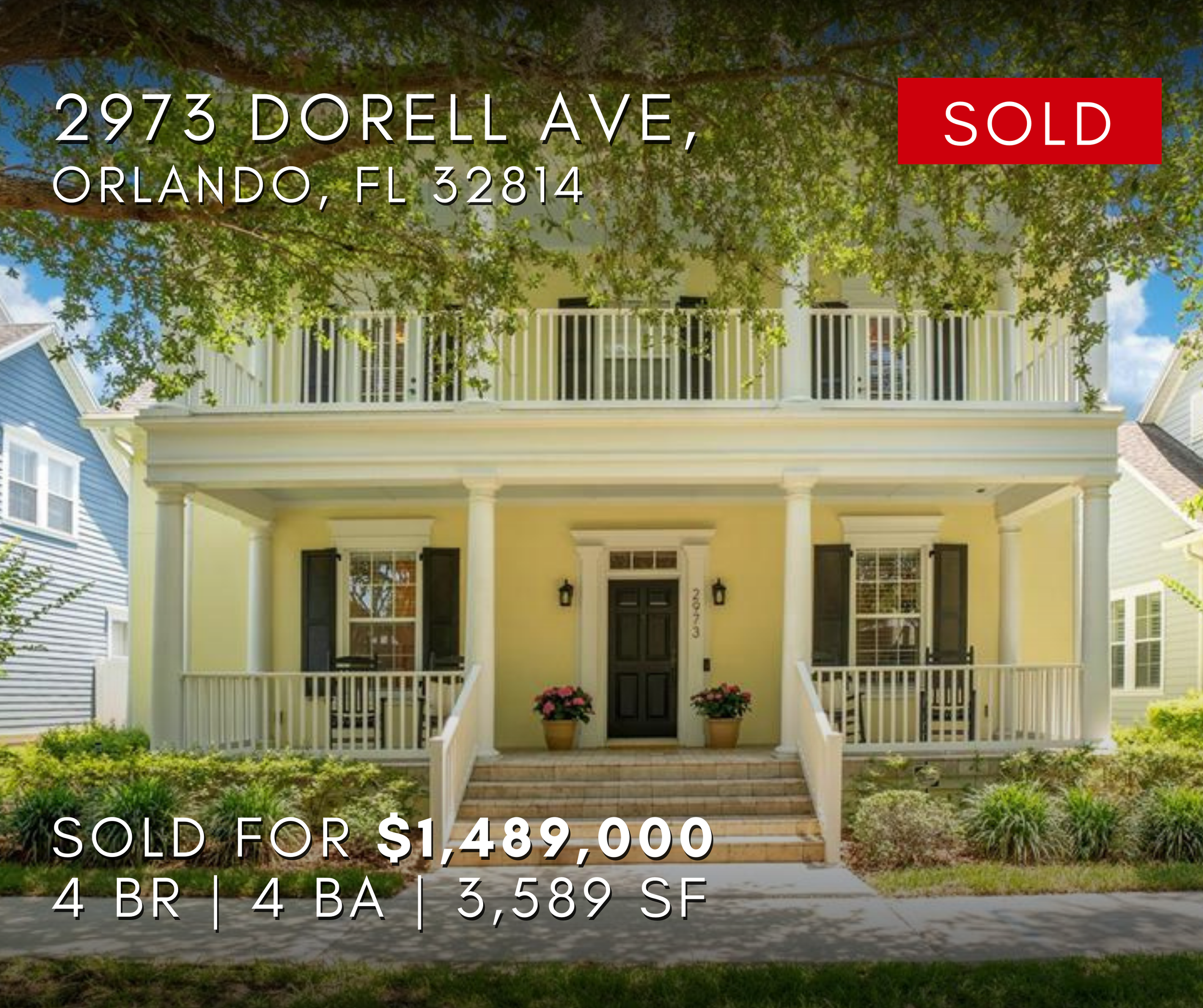 2973 Dorell Ave, Orlando, Florida 32814 Sold Property, Front view of a yellow two-story house with a porch, black front door, two large potted plants, and a white railing, surrounded by greenery, under a partly cloudy sky.