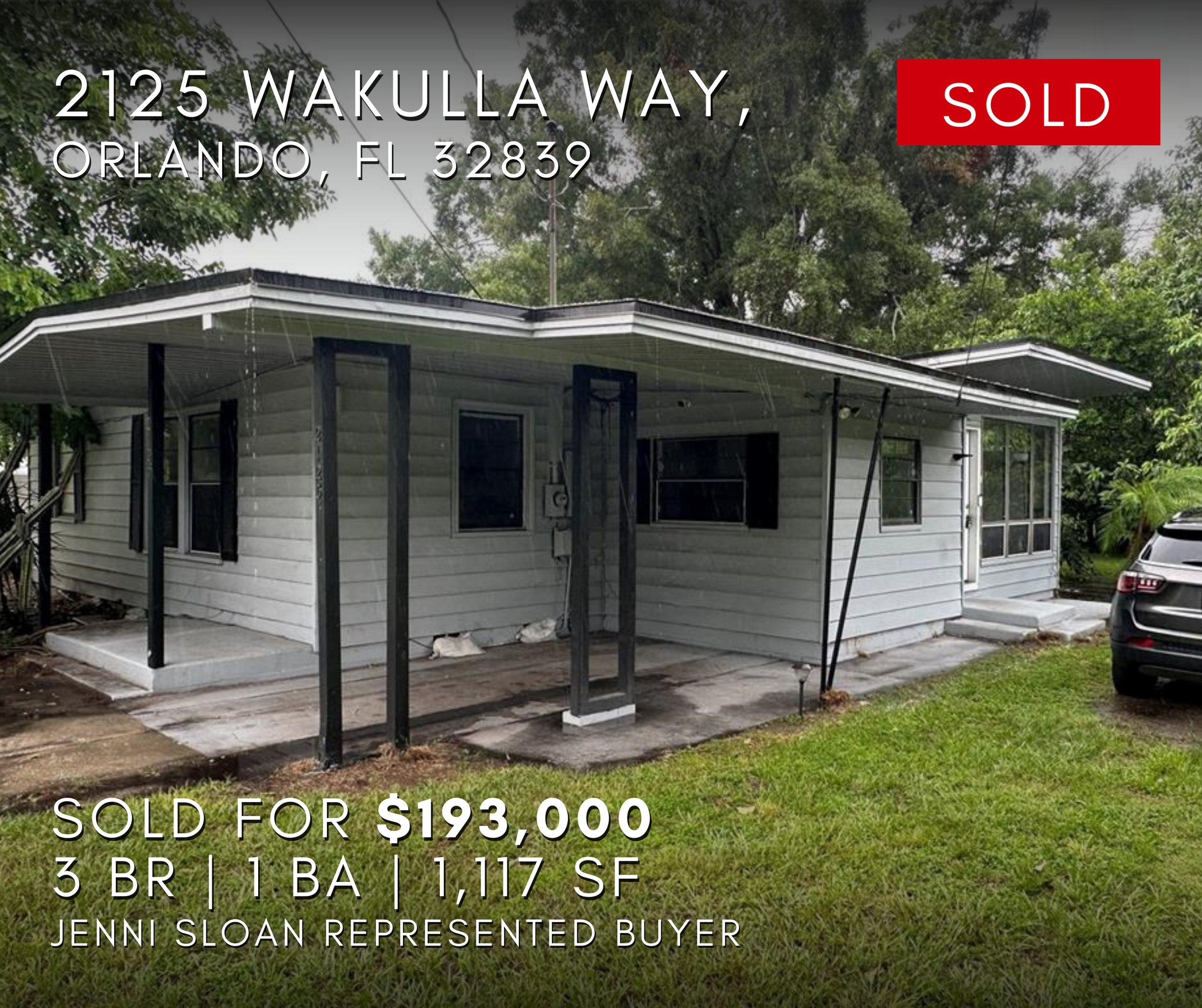 2125 Wakulla Way, Orlando, FL 32839, for $193,000, with 3 bedrooms, 1 bathroom, and 1,117 square feet. The listing agent is Jenni Sloan, the Buyer represented.