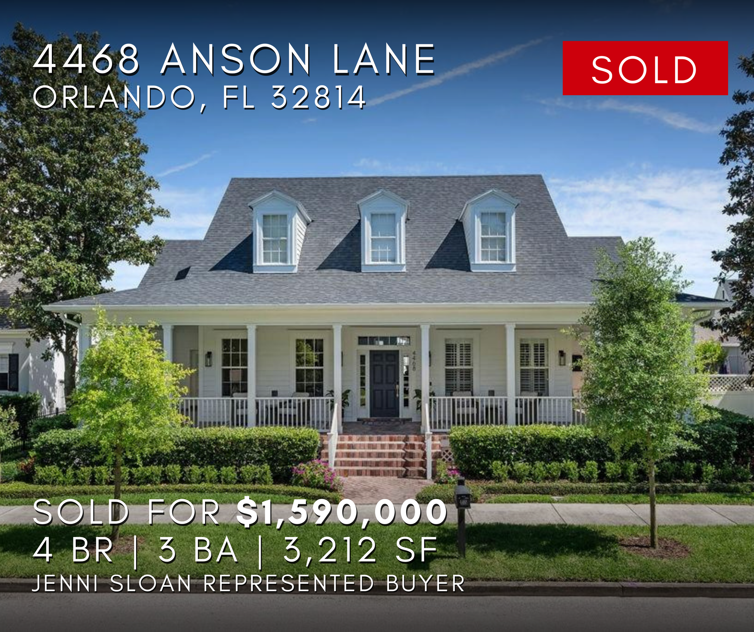 Real estate listing showing a white house with a porch and three dormer windows, in Orlando, Florida, with sale details including address, sale price, number of bedrooms and bathrooms, and listing agent information. 4468 Anson Lane
