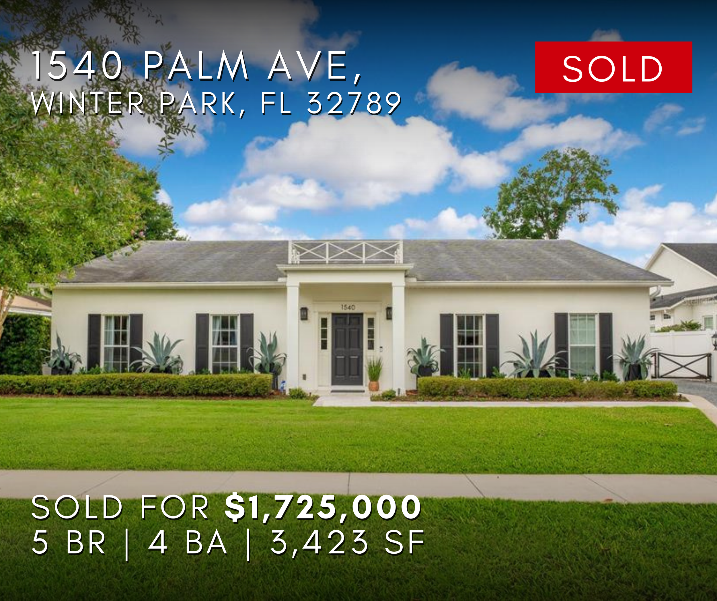 Front view of a sold house at 1540 Palm Ave, Winter Park, FL 32789, with a white exterior, black door, black window shutters, well-maintained lawn, and landscaping, under a blue sky with clouds.