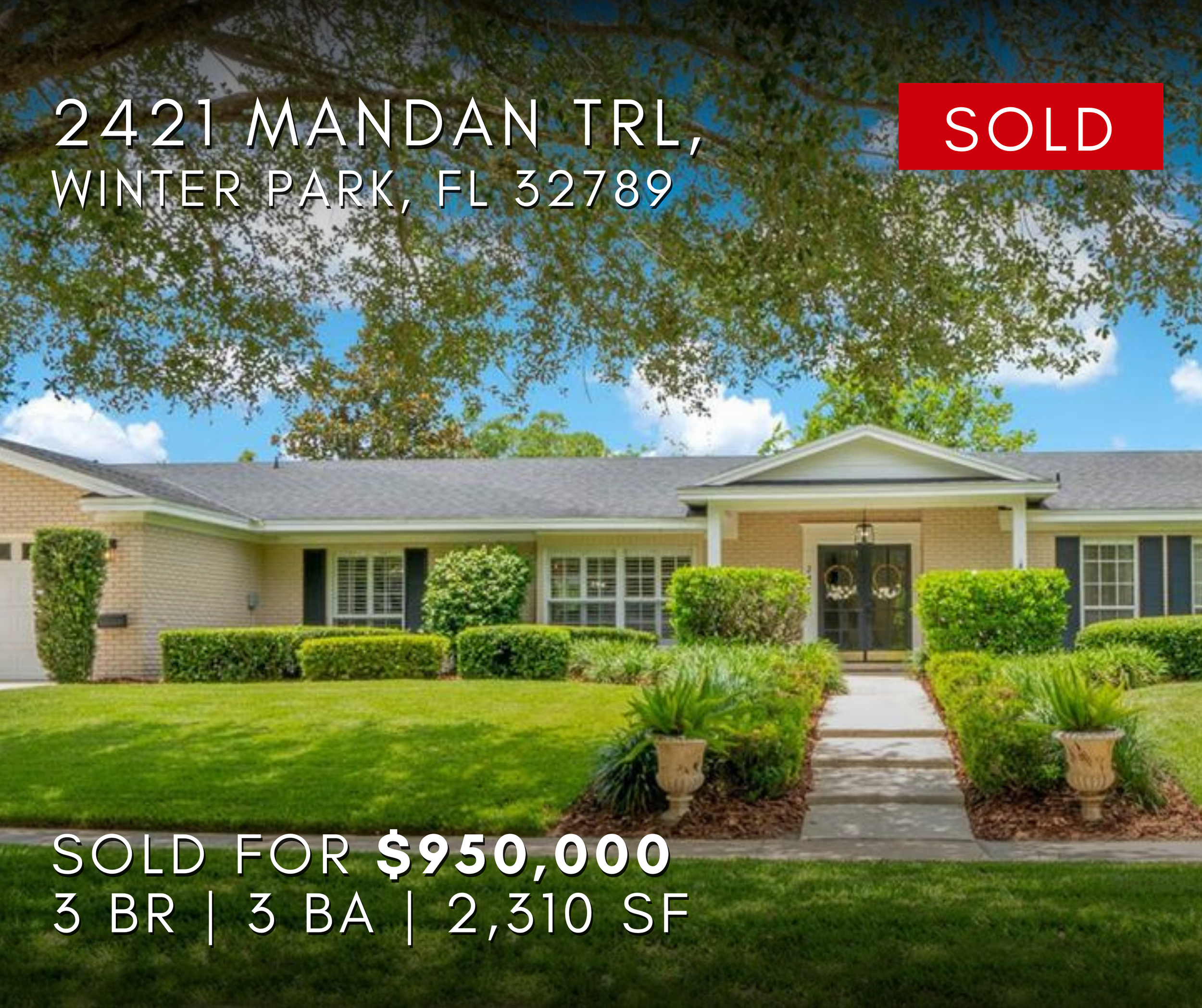 2421 Mandan Trail, Winter Park Florida 32789, text indicating an address, sale status, price, and property details.