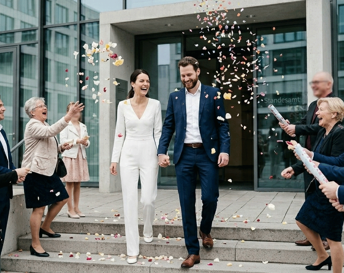 Standesamtliche Hochzeit Hamburg Brautpaar Auszug emotional