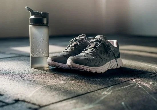 A pair of athletic shoes and a water bottle on a gym floor.