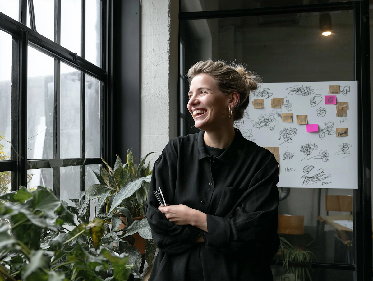 Woman employee smiling with plants and whiteboard behind her, representing positivity and inspiration