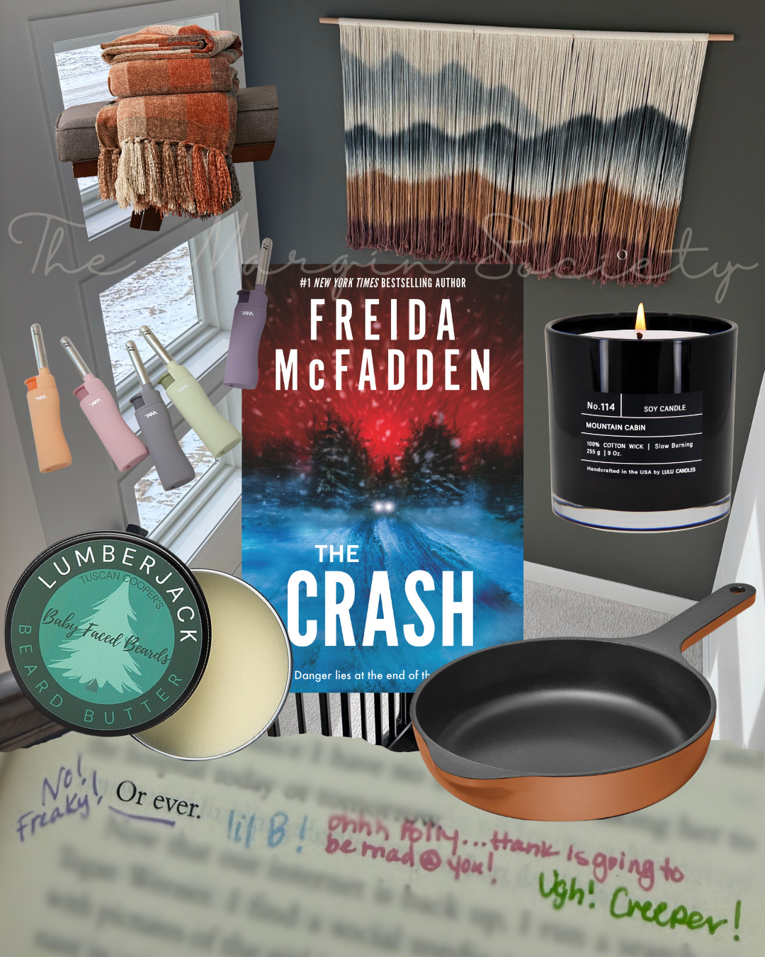 A cozy display with a folded plaid blanket on a window shelf, a multicolored wall hanging, a candle, a book titled 'The Crash' by Freida McFadden, colorful glue pens, a tin of beard balm, a frying pan, and a handwritten note.