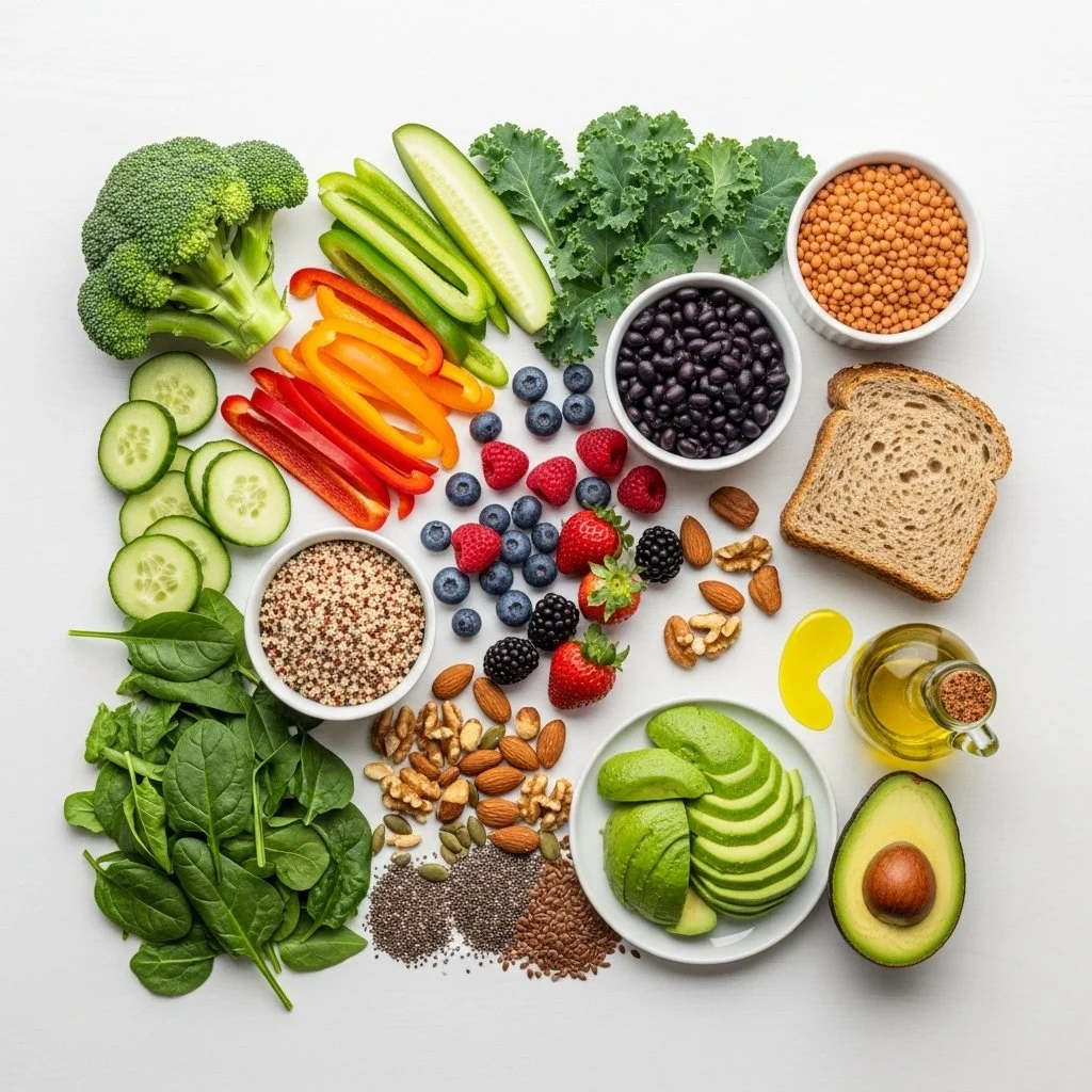 Flat lay of high-fiber foods and healthy fats — leafy greens, beans, berries, whole grains, nuts, seeds, avocado, and olive oil — styled on a clean tabletop.