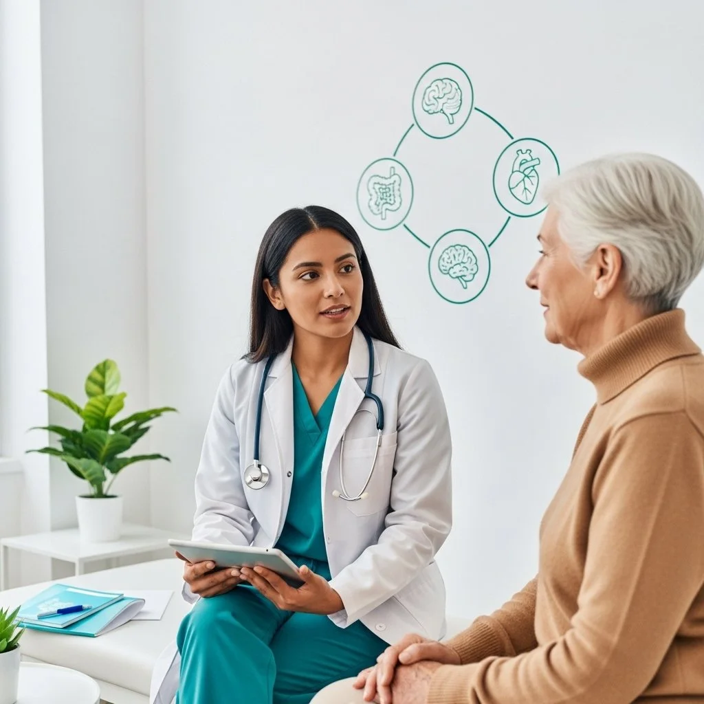 Doctor and patient in a bright modern clinic, with the doctor listening attentively and reviewing a wellness plan, symbolizing functional medicine’s root-cause, patient-centered approach.