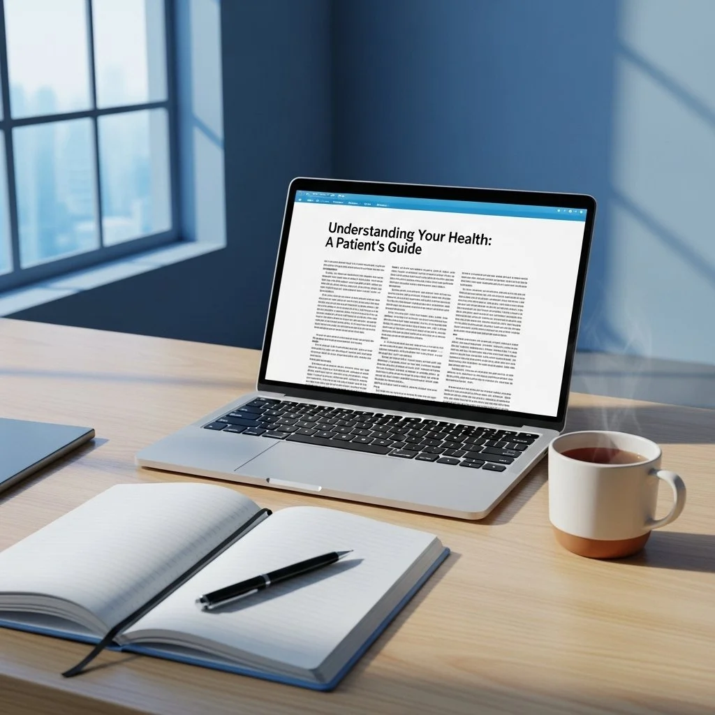 Laptop on a desk showing an article page, with a notebook and tea beside it, in cool blue and gray tones — symbolizing patient-friendly access to health resources.