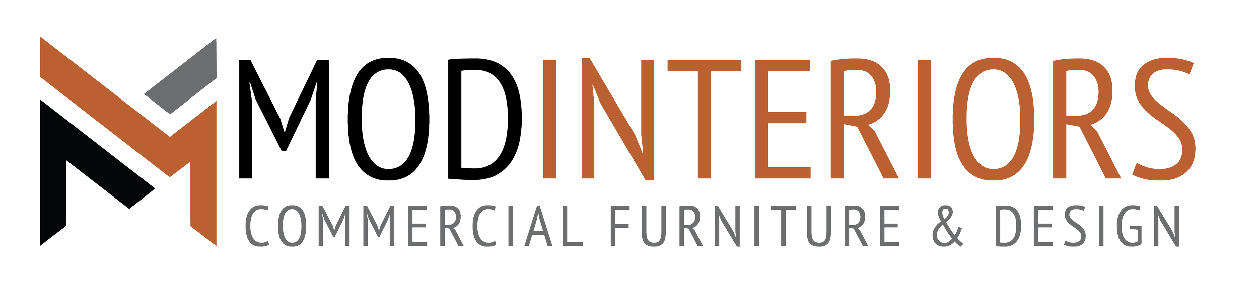 Logo for Modern Interors Commercial Furniture & Design with a stylized geometric icon and the company name.