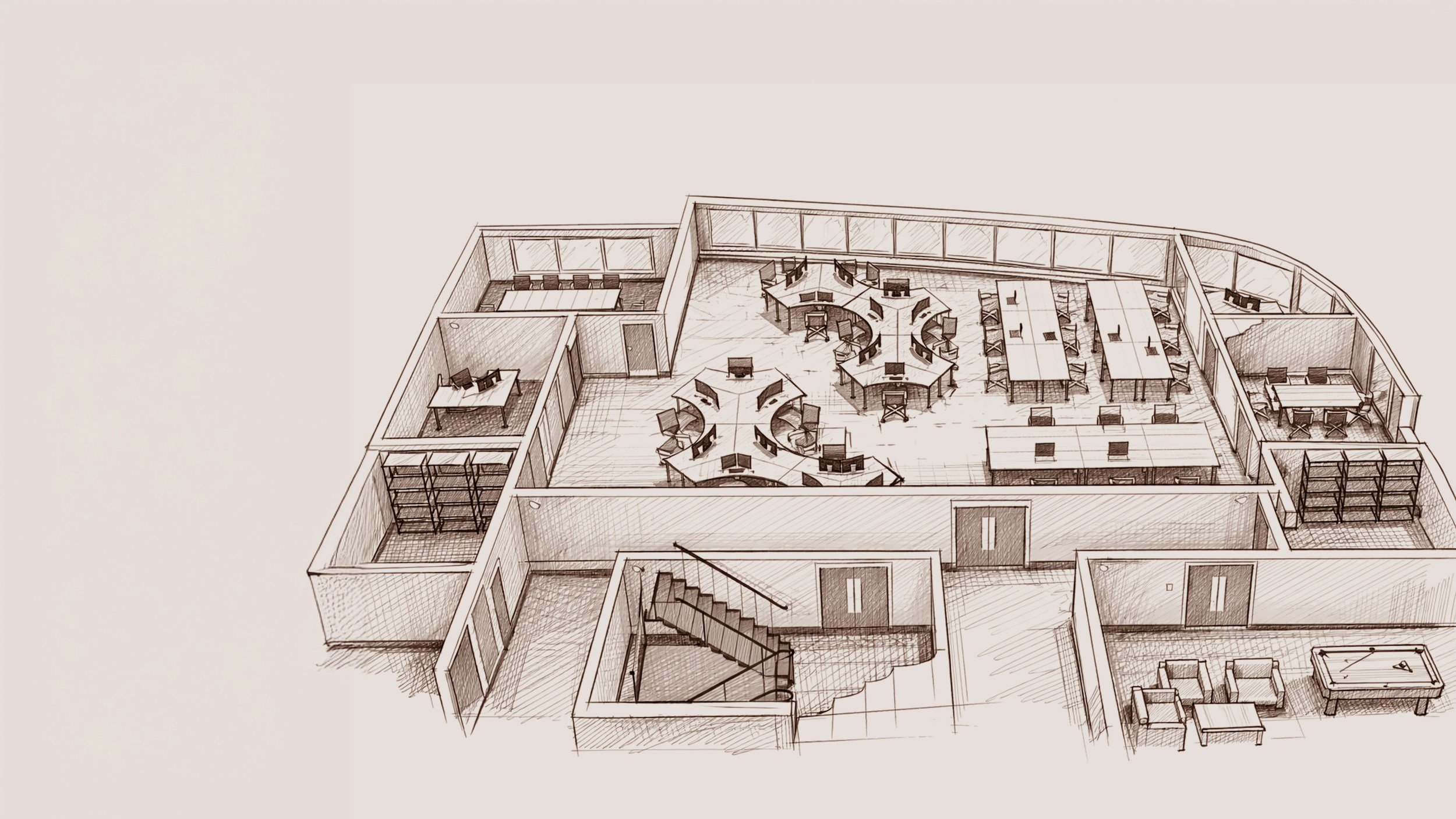 A detailed architectural floor plan of an office or workspace layout, showing multiple rooms with furniture, computer desks, bookshelves, meeting areas, a staircase, and lounge space.
