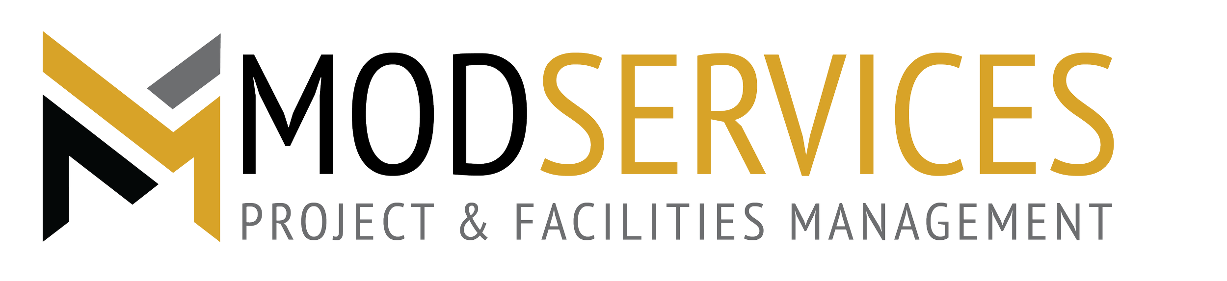 Logo of MOD Services Project & Facilities Management with a stylized geometric design in black, gray, and gold.