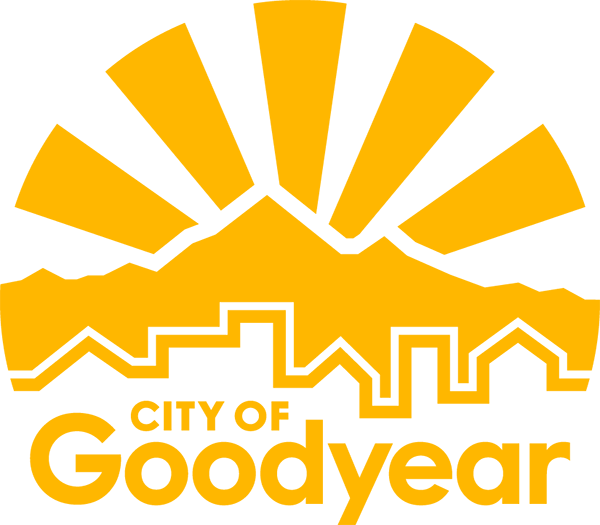 Logo for the City of Goodyear featuring a yellow sun rising over a city skyline.