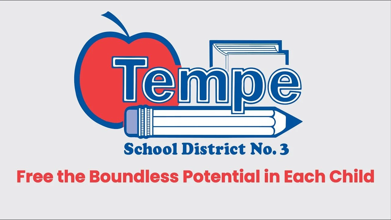 Logo for Tempe School District No. 3 featuring a red apple with a blue outline, a pencil, and books, along with the slogan 'Free the Boundless Potential in Each Child'.