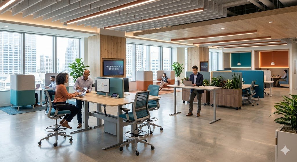 Modern open-plan office with employees working at desks, large windows with city view, and indoor plants.