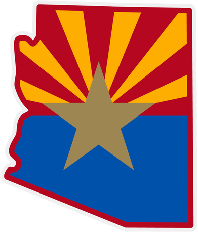Stylized graphic of the Arizona state shape with a star and sunburst design in red, yellow, and blue colors.