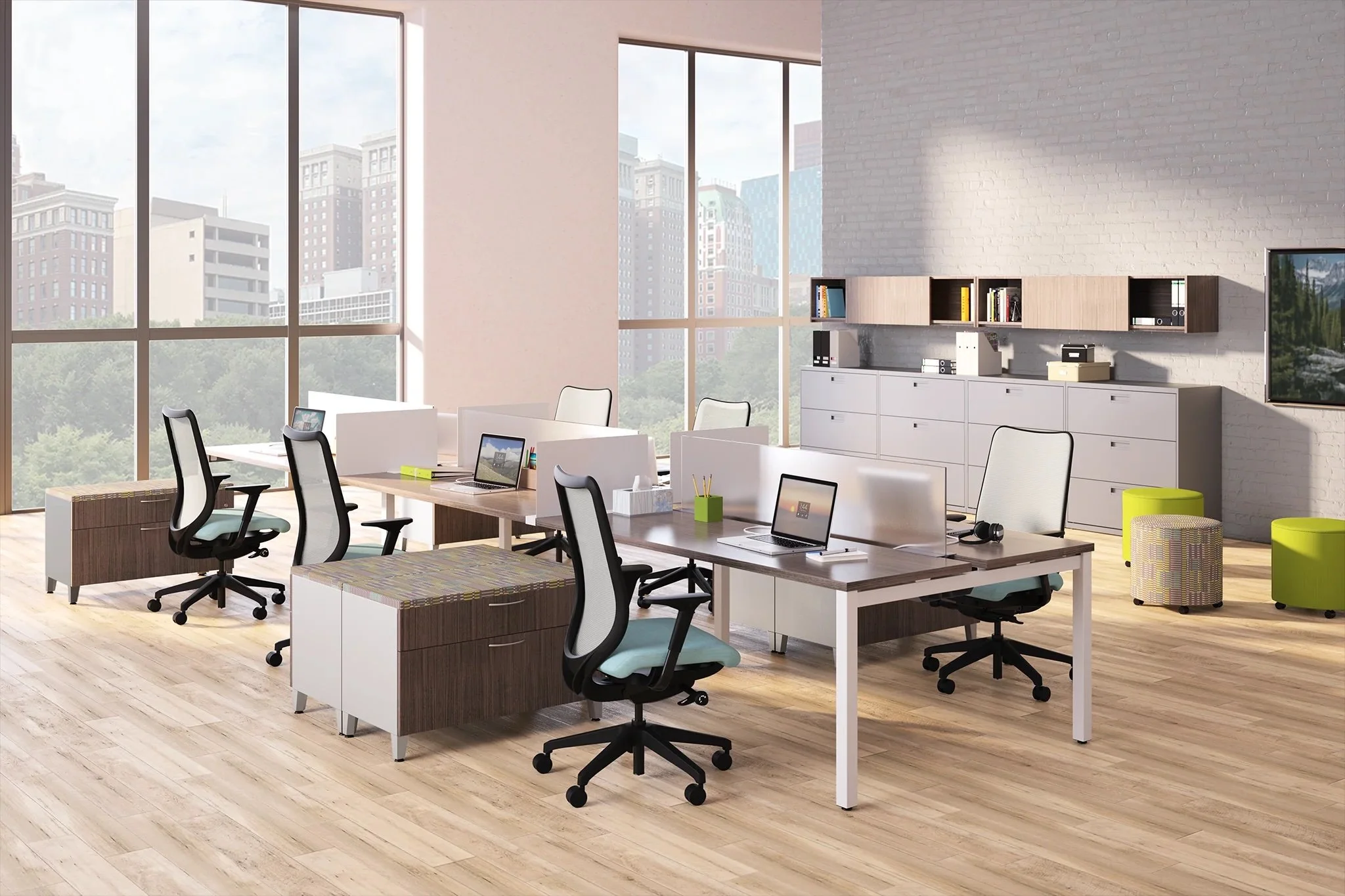 Modern office with large windows, white desks, ergonomic chairs, laptops, and office supplies, with cityscape views outside.