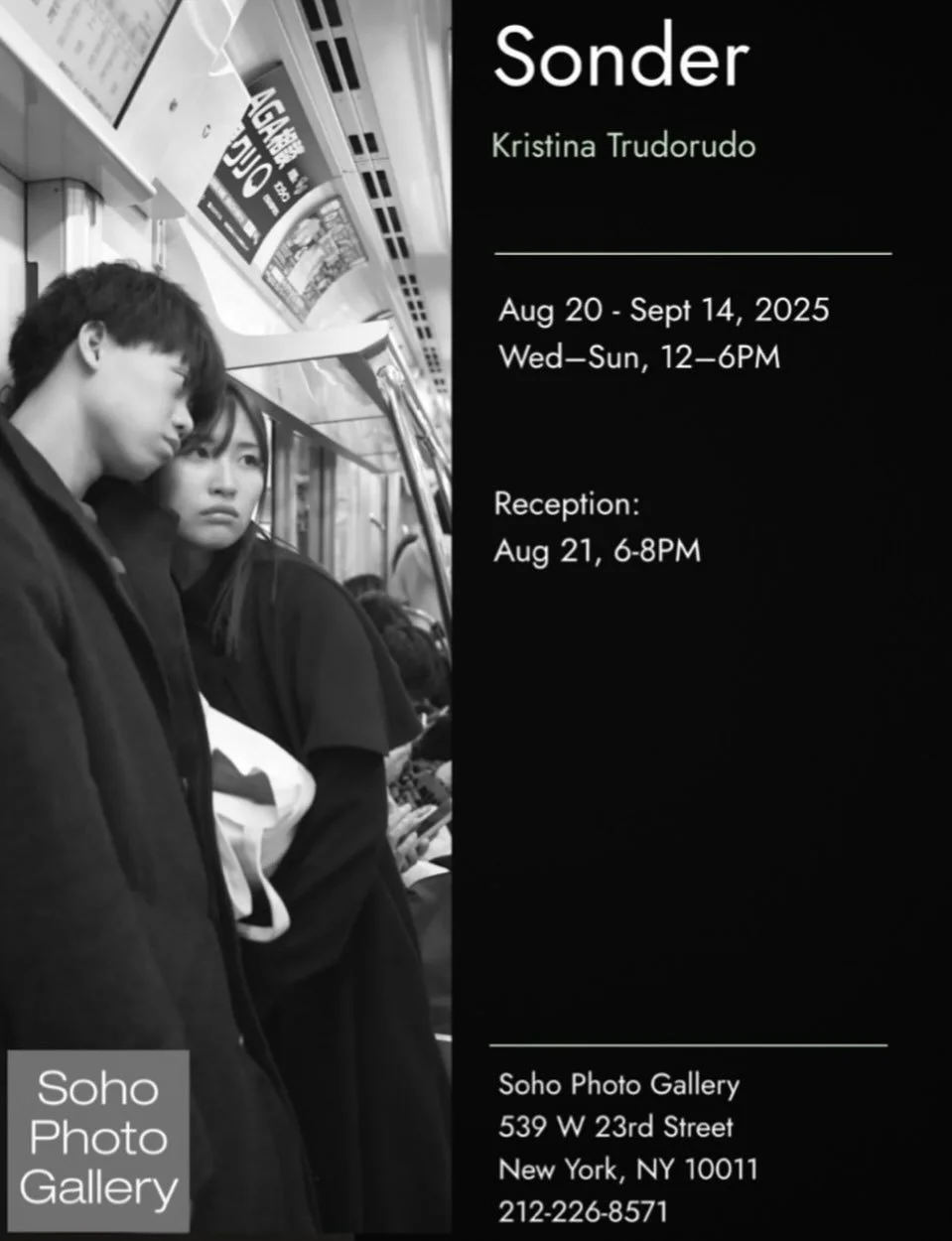 One more to the books&hellip;
Excited to invite you to my new photo exhibition Black &amp; White: Train Series - Sonder

🥂  Opening reception: August 21, 6-8PM

📍 Soho Photo Gallery, 539 W 23 St, New York, NY 10011

🗓  August 20 &ndash; September 