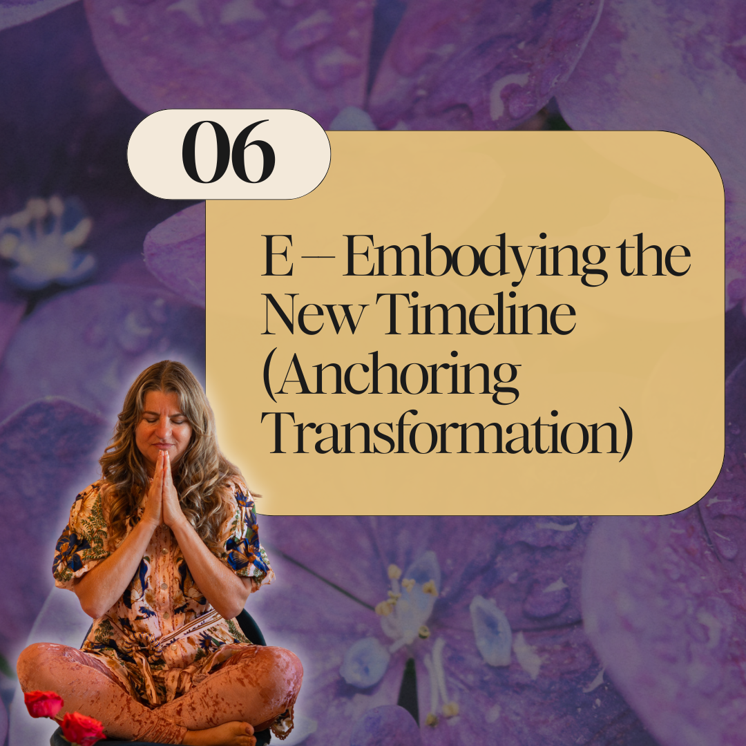 A woman practicing meditation with hands in prayer position, a large text bubble with the number 06 and the title "E—Embodying the New Timeline (Anchoring Transformation)" against a purple floral background.