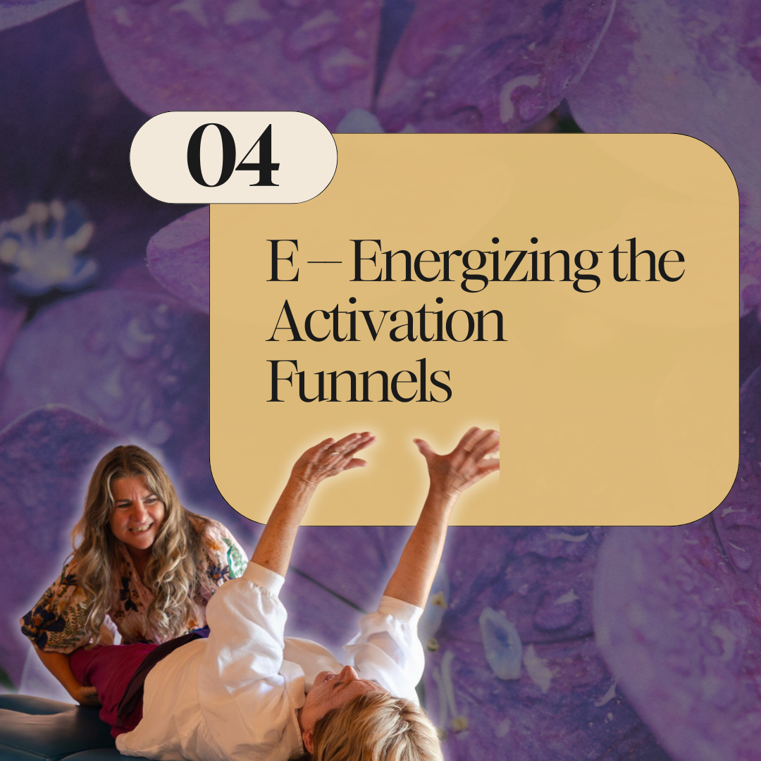 Image with a purple floral background, a woman lying down with her eyes closed and another woman standing over her, gesturing as if explaining or demonstrating something. Text overlay says '04 E—Energizing the Activation Funnels'.