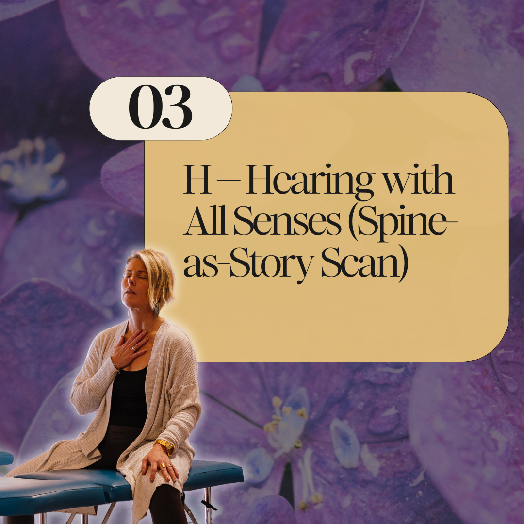 A woman sitting on a table with her eyes closed and hand on her chest, suggesting she is experiencing a wellness or relaxation activity, with a background of purple flowers and a label indicating it's about spine-scan for all senses.