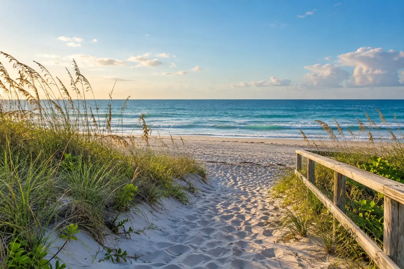 Sandy beach access path through sea oats toward the ocean, with a weathered wooden railing.