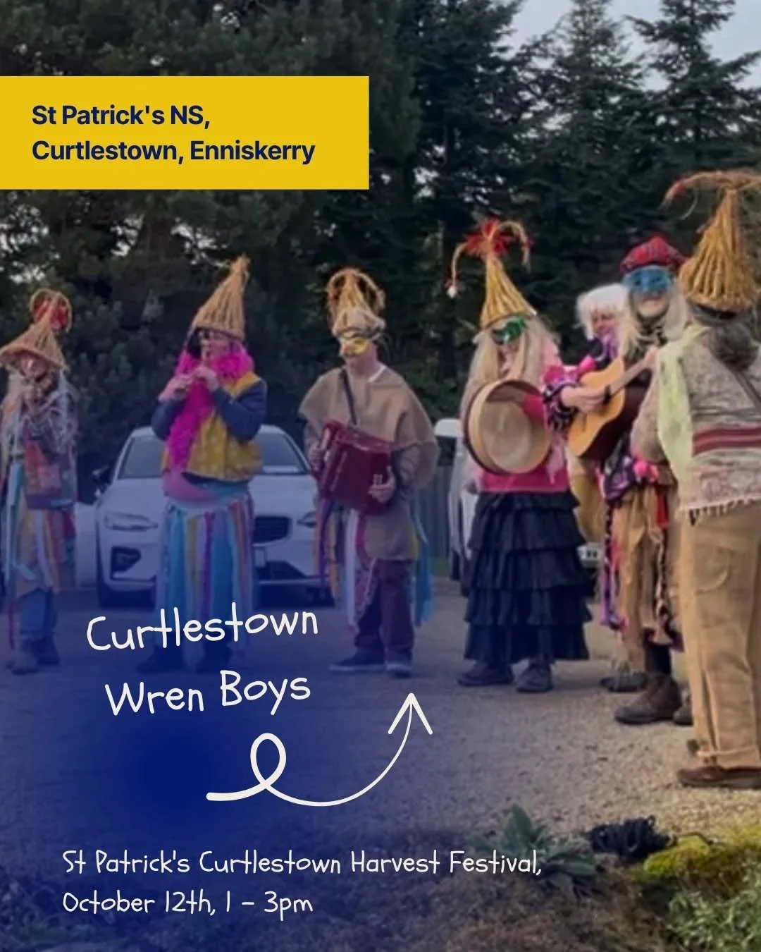 Exciting news &mdash; come gather near,
The Curtlestown Wren Boys will soon appear!

Pick your pumpkin, make some forest craft, and enjoy an afternoon of autumn fun!

Join us this Sunday, October 12th, from 1pm to 3pm, with the musical performance be