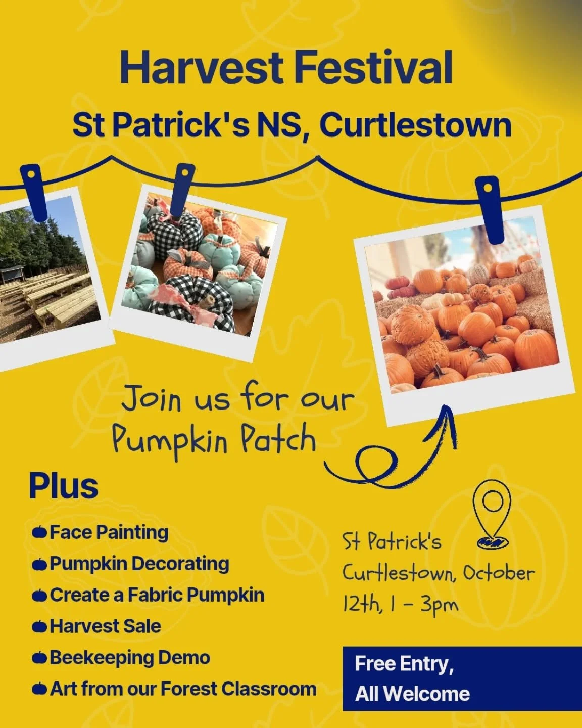 We're so excited for our Harvest Festival tomorrow! Come and pick your pumpkin, get your face painted &amp; create some amazing autumnal crafts all while enjoying some local music and browsing our harvest stalls.

See you from 1pm at St Patrick's NS,