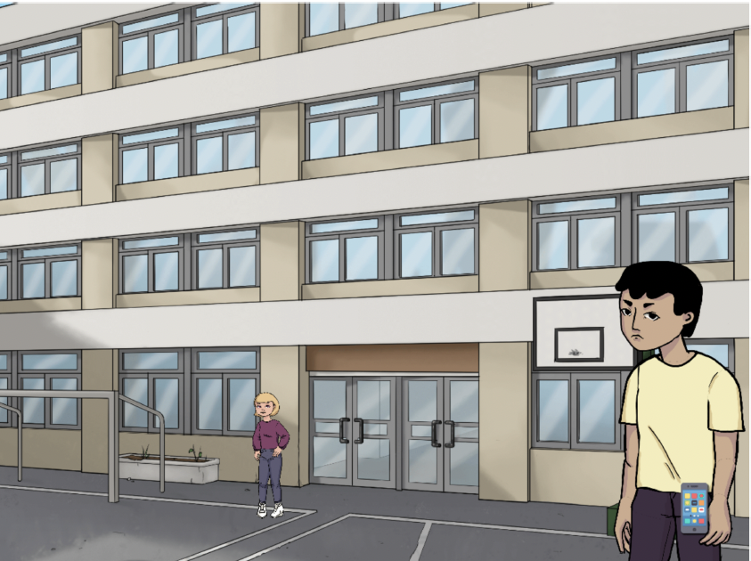 Screenshot of Conectado game, showing a school building in the background with one person leaving the front door and another in the yard with a mobile phone.
