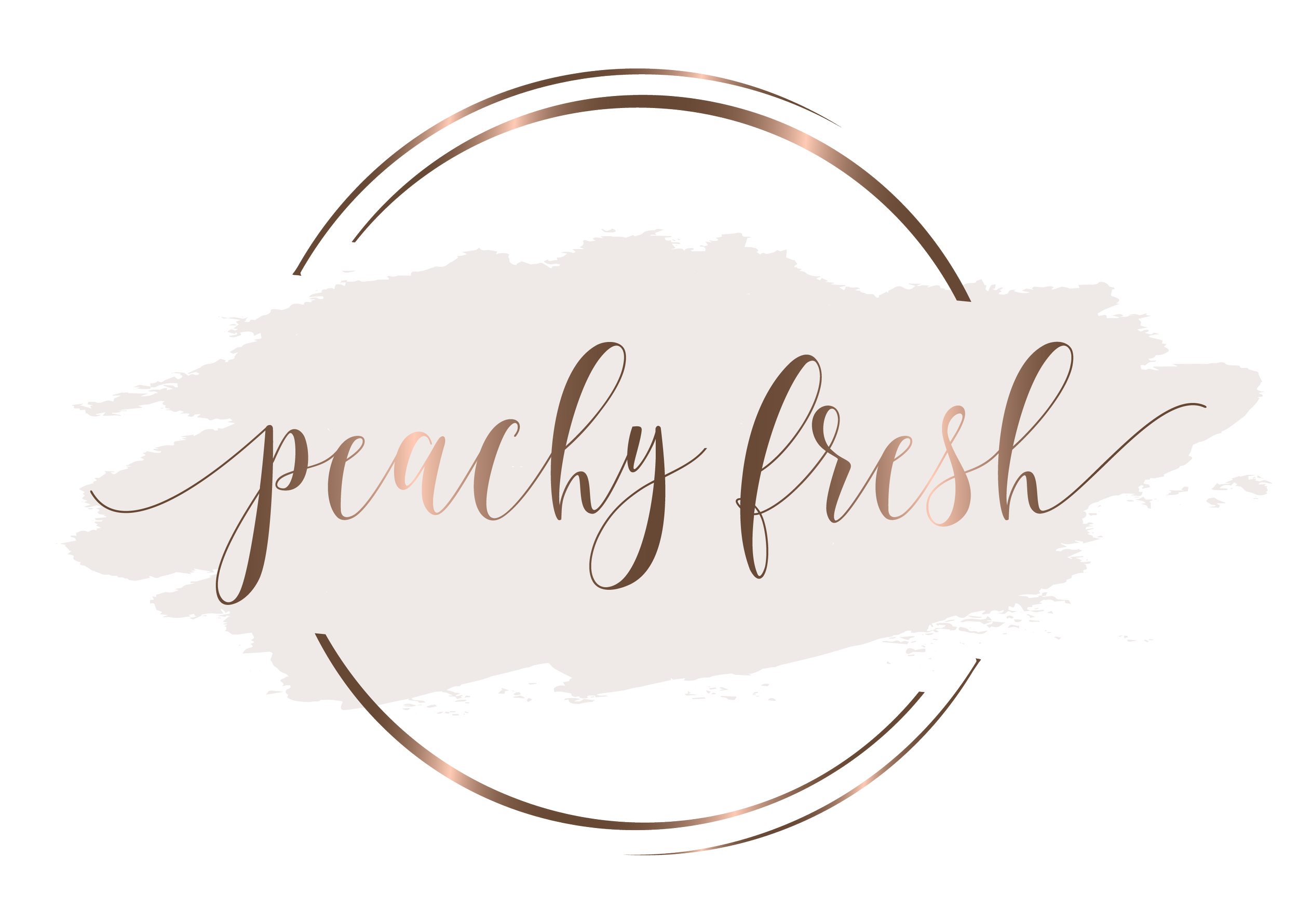 A logo with the words 'peachy fresh' in elegant script font over a beige brush stroke, encased in a thin metallic circle.