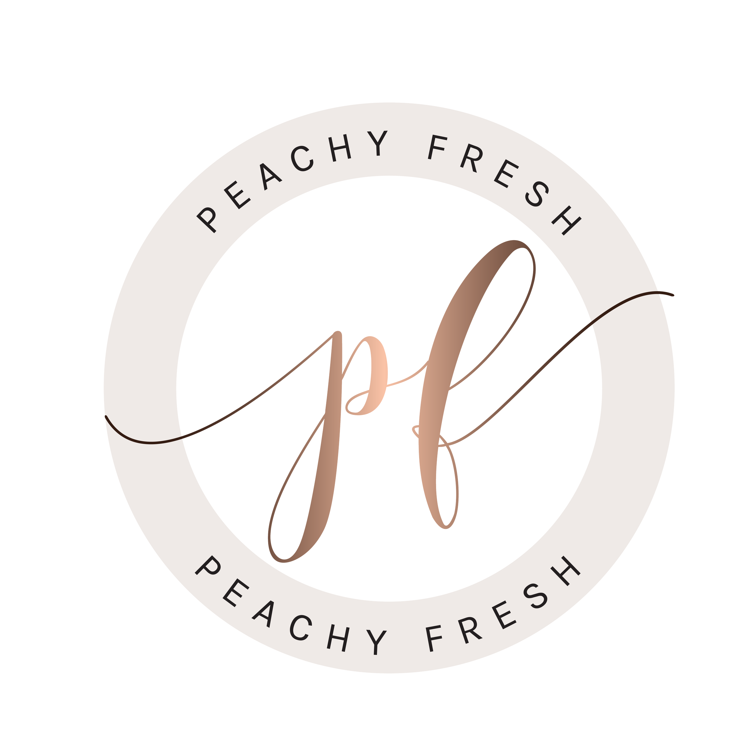 A circular logo with the words 'Peachy Fresh' written around the top and bottom edge. In the center, there is a stylized cursive letter 'p' in a brown shade with a thin line extending from its lower part.