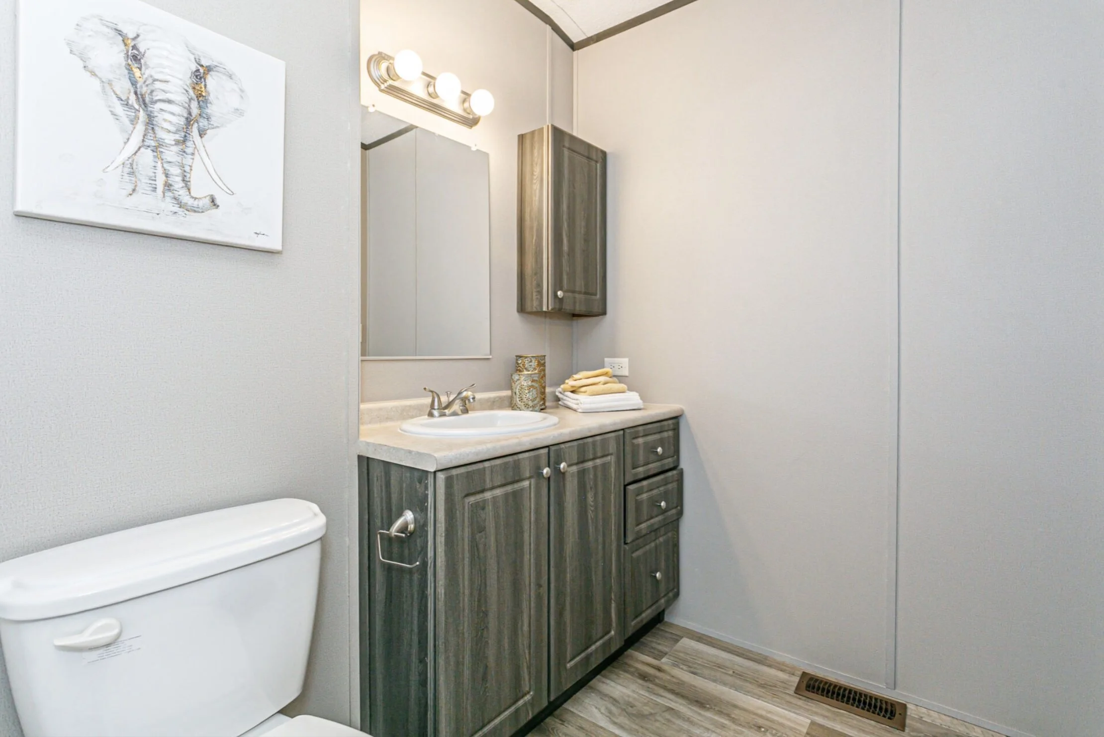 Small bathroom with a gray wooden vanity with drawers, beige countertop, white sink, and a large mirror. A towel rack with towels and a decorative container are on the counter. There is a toilet to the left and a painting of an elephant on the wall, 