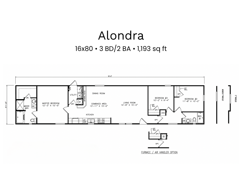 Floor plan of a house named Alondra with 3 bedrooms, 2 bathrooms, living room, dining room, kitchen, utility room, and optional wall placements.