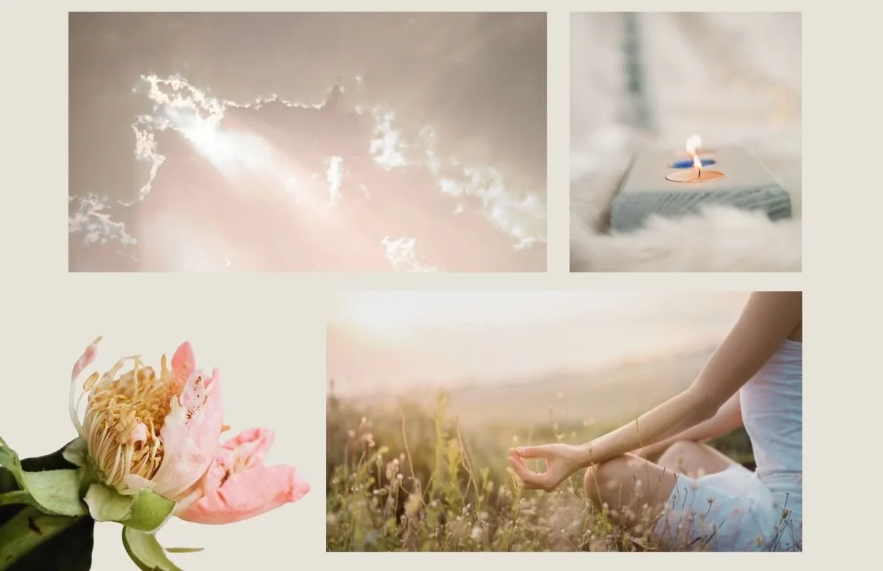 Collage of peaceful nature scenes including sunlit clouds, a candle flame, a heart carved in tree bark, a blooming flower, and a woman meditating outdoors.