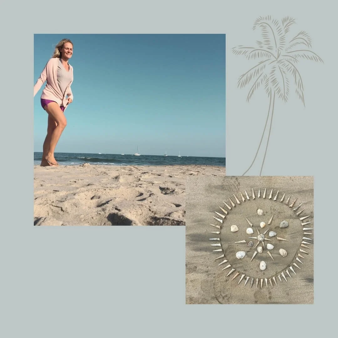 Leslie Storms on the beach beside a handmade shell mandala.
