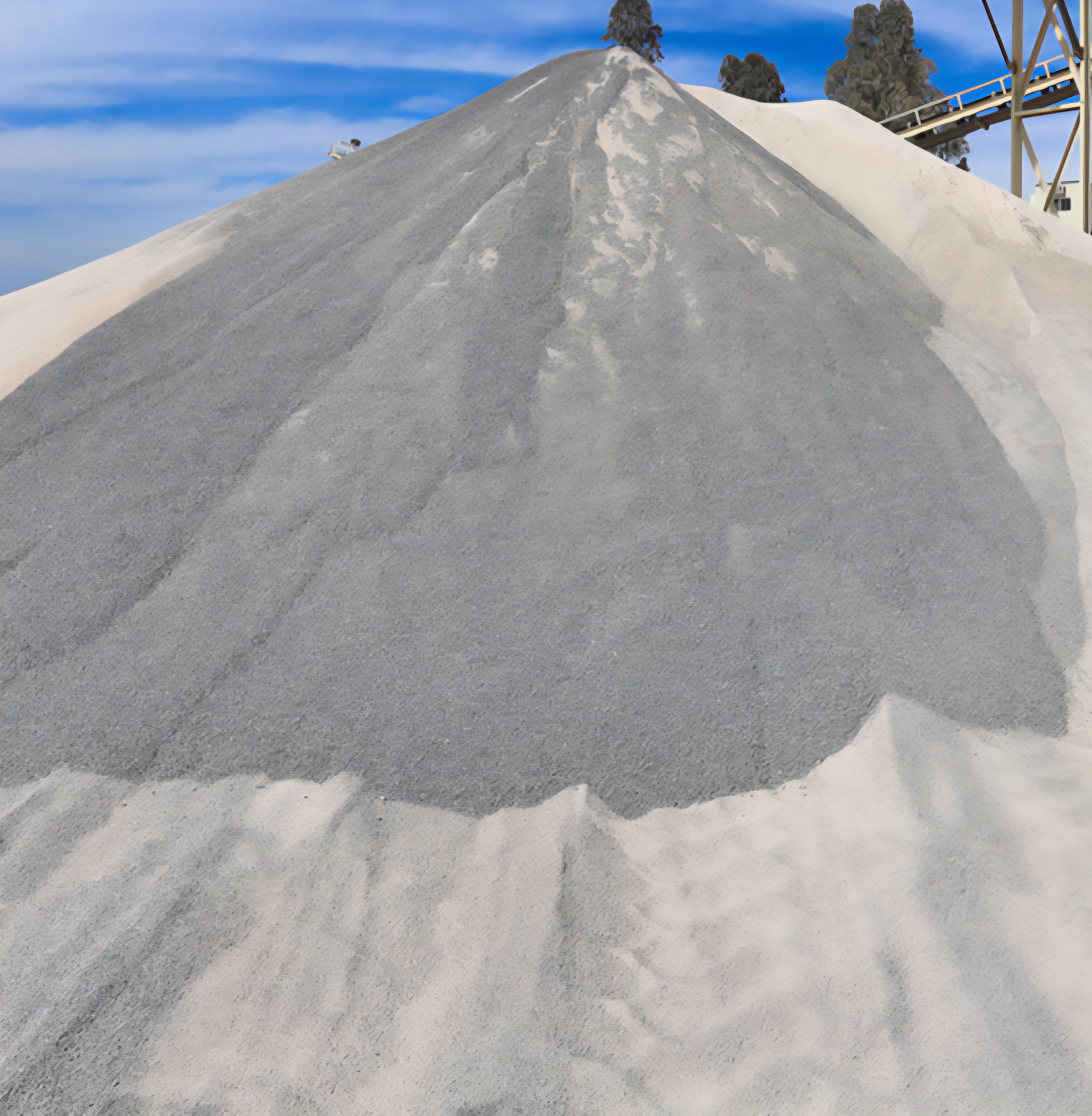 Large pile of gray salt or mineral with a conveyor system in the background and a blue sky with some clouds.