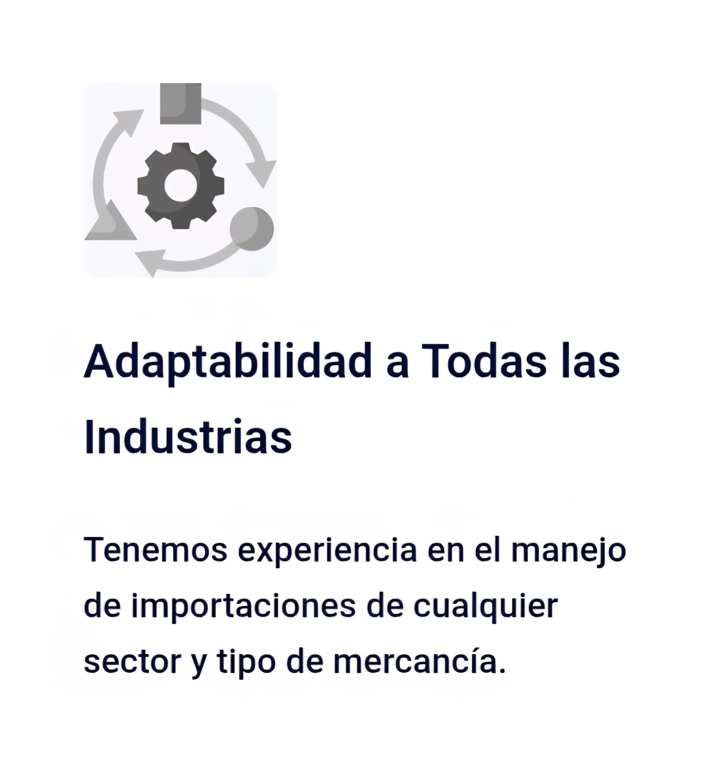 Icon of gears and arrows illustrating adaptability, with Spanish text stating experience in import management across industries.