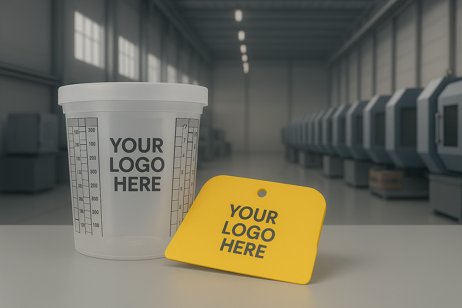 A white measuring cup and a yellow sign with both texts saying "Your Logo Here" on a table. In the background, an industrial setting with machines and large windows.