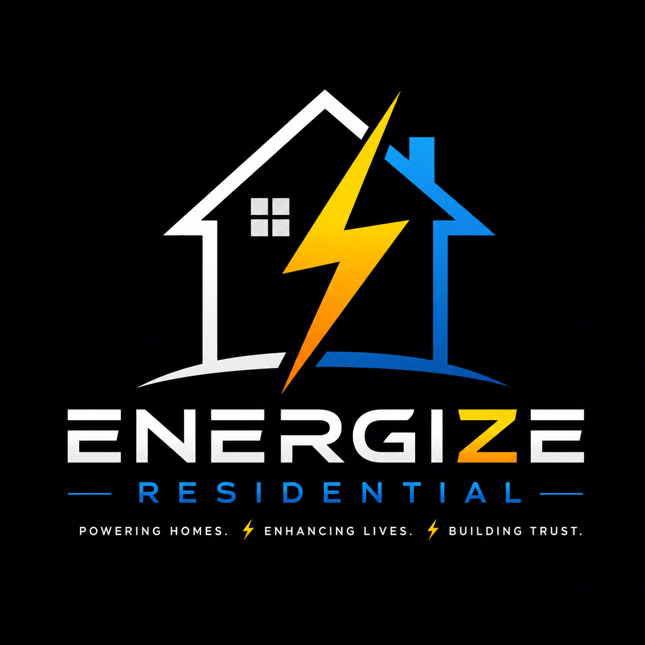 Logo for Energize Residential featuring two houses with a lightning bolt between, one house in white and the other in blue, against a black background. Tagline reads: Powering homes, enhancing lives, building trust.