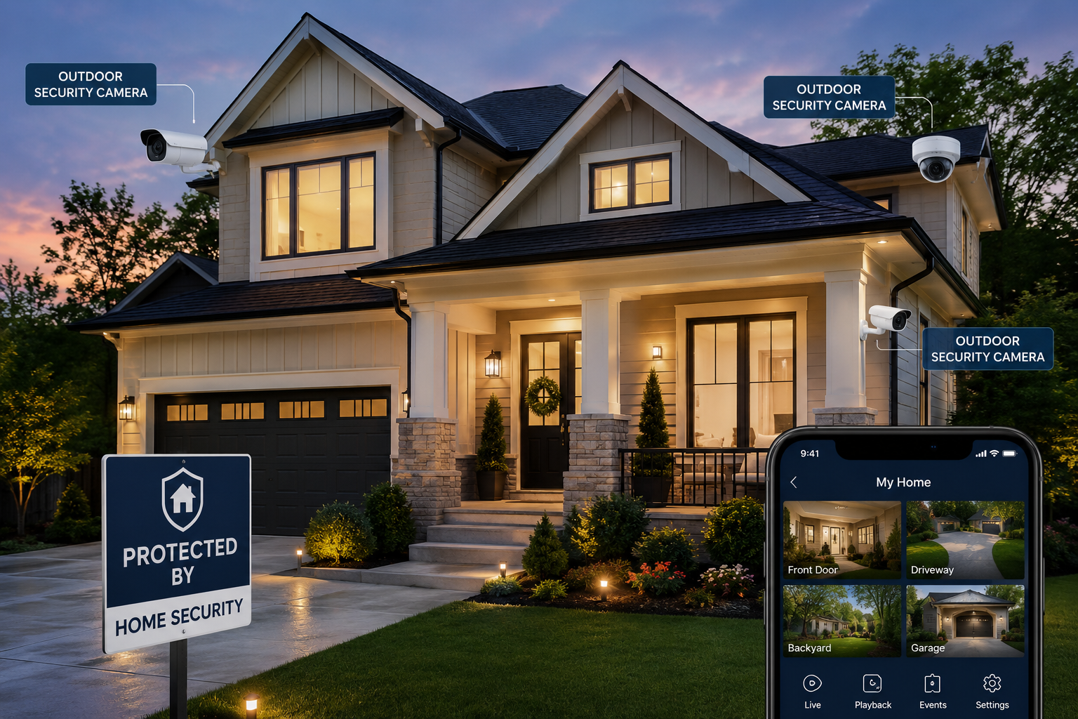 A two-story house with exterior security cameras, illuminated yard lighting, and a security sign on the lawn. A smartphone screen displays a security app interface showing live feeds of the front door, driveway, backyard, and garage.