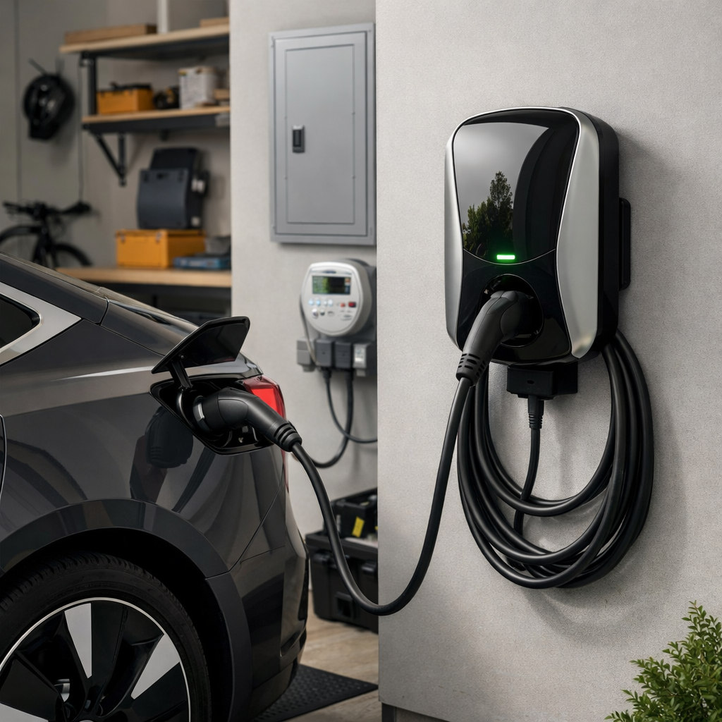 Electric vehicle being charged at a home charging station in a garage.