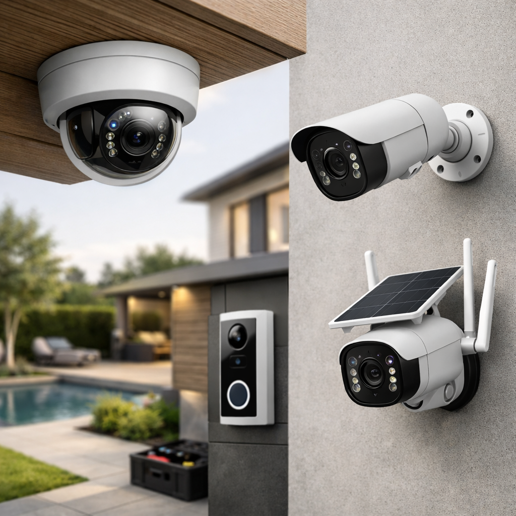 Three security cameras mounted outdoors with different styles and features, including one with a solar panel.