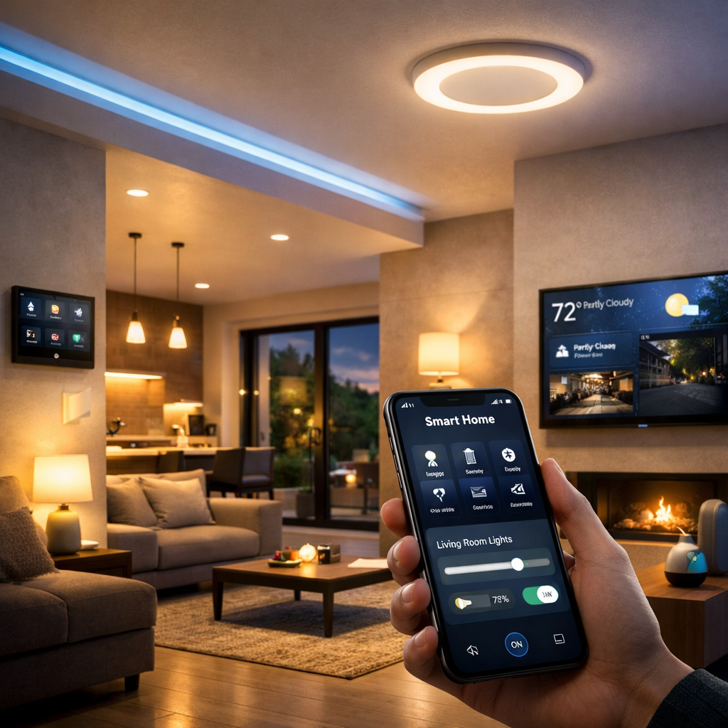 Living room with modern décor, a person controlling smart home lighting with a smartphone, a lit fireplace, a large window showing an outdoor view, a wall-mounted TV displaying weather information, and ambient lighting.