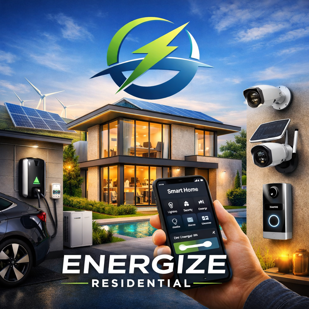 Smart home with solar panels, wind turbines, security cameras, and a person controlling devices via smartphone, promoting residential energy efficiency.