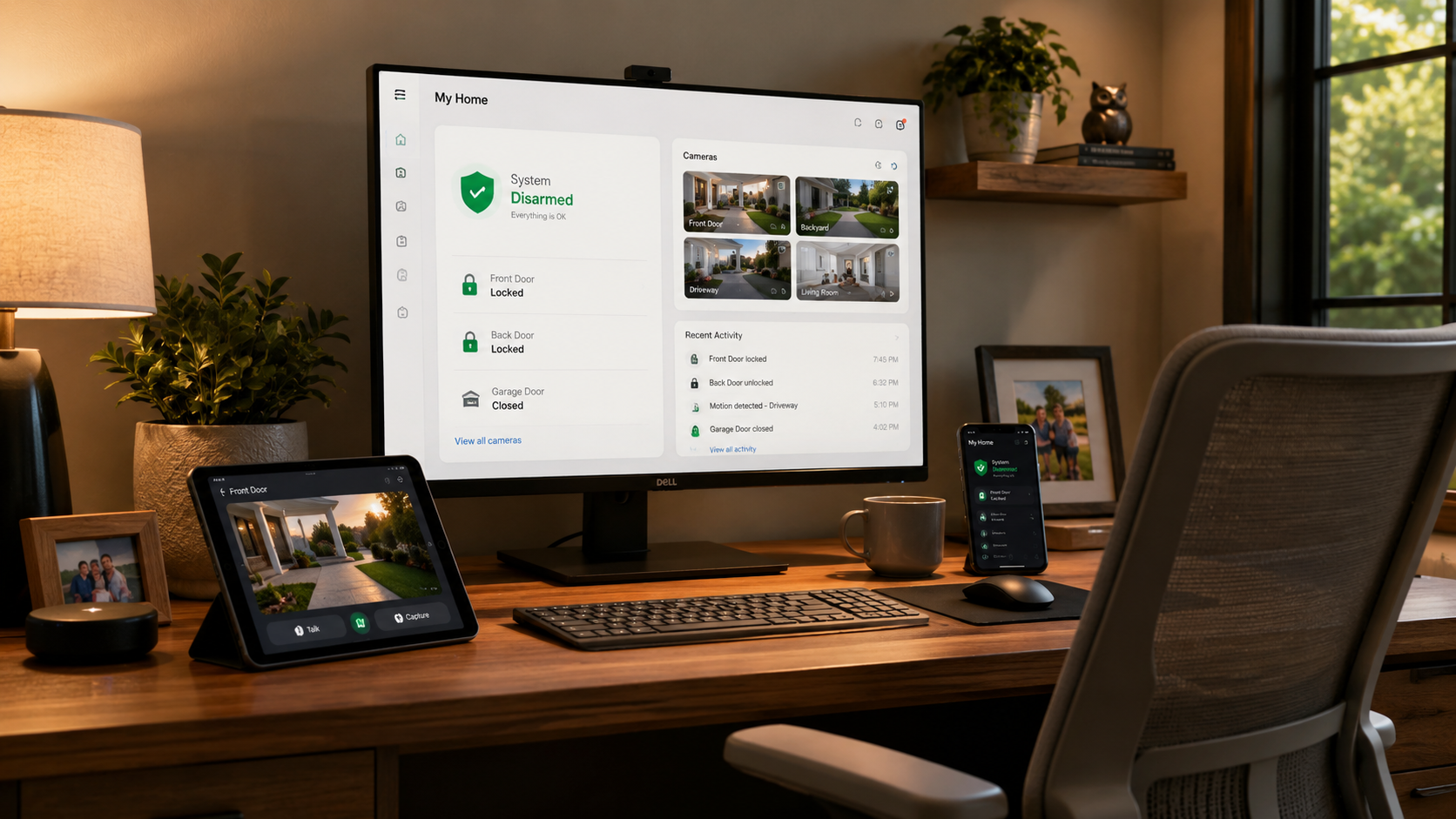 Home security control panel with live video feeds, a desktop monitor displaying a home security app, a tablet showing a front porch camera view, and a smartphone with security system status, all on a wooden desk with houseplants, framed photos, and a window with greenery outside.