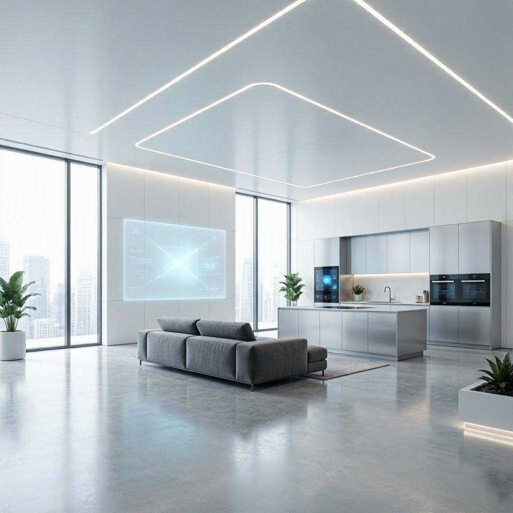 Modern, minimalistic living room and kitchen with large windows, white walls, and sleek gray furniture, illuminated by overhead LED lighting.